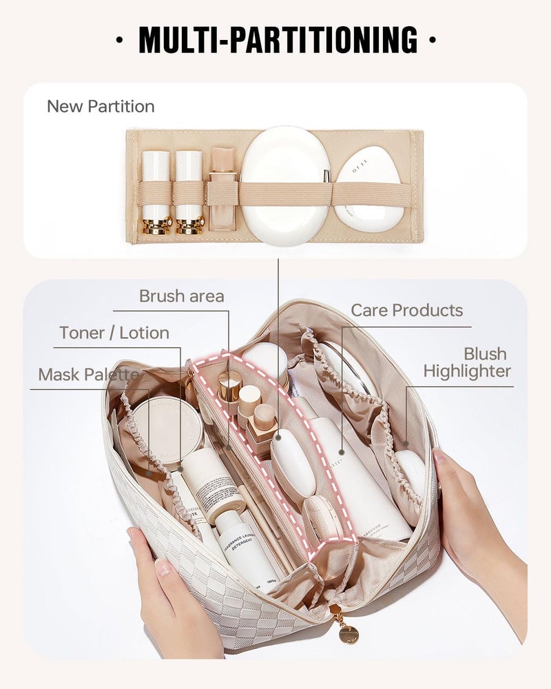 EACHY Travel Makeup Bag, Large Capacity Cosmetic Bags for Women, Waterproof Portable Open Flat Toiletry Bag Make up Bag with Divider and Handle, Gifts for Women (LD-White, Large) - Image 2