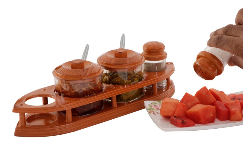 Nabhya Complete Dining Table Set of Pickle Jars, Salt and Pepper Dispenser, Toothpick Holder and Spoon Holder(Wooden Look Design, Plastic) (StarCruz) - Image 4