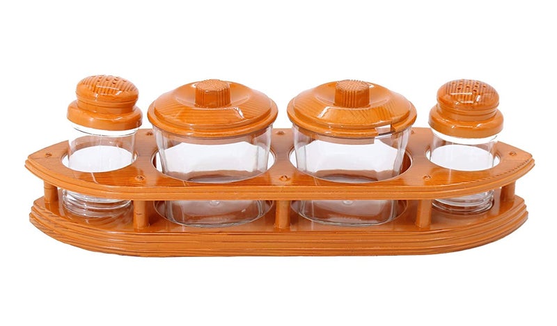Nabhya Complete Dining Table Set of Pickle Jars, Salt and Pepper Dispenser, Toothpick Holder and Spoon Holder(Wooden Look Design, Plastic) (StarCruz) - Image 5