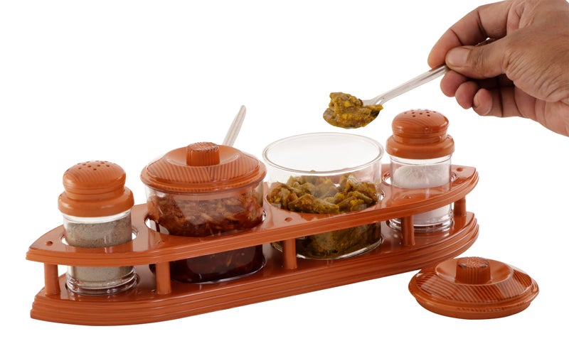 Nabhya Complete Dining Table Set of Pickle Jars, Salt and Pepper Dispenser, Toothpick Holder and Spoon Holder(Wooden Look Design, Plastic) (StarCruz) - Image 1