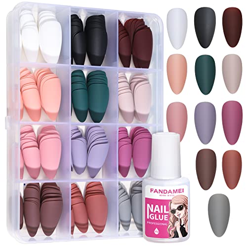 FANDAMEI Press on Nails 12 Packs 288PCS Matte Press on Nails Medium Almond Fake Nails Full Cover Short Almond Glue on Nails with 7g Nail Glue 12 Solid Color False Nails for Nail Art DIY