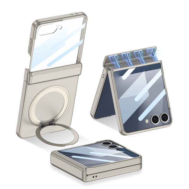 XIMAND for Samsung Galaxy Z Flip 7 Case with 360 Bracket Ring Holder Magnetic Hinge Protection Builtin Front Screen Protector Slim Texture Shockproof CaseTGrey - Image 2