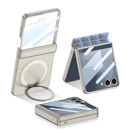 XIMAND for Samsung Galaxy Z Flip 7 Case with 360 Bracket Ring Holder Magnetic Hinge Protection Builtin Front Screen Protector Slim Texture Shockproof CaseTGrey - Image 1