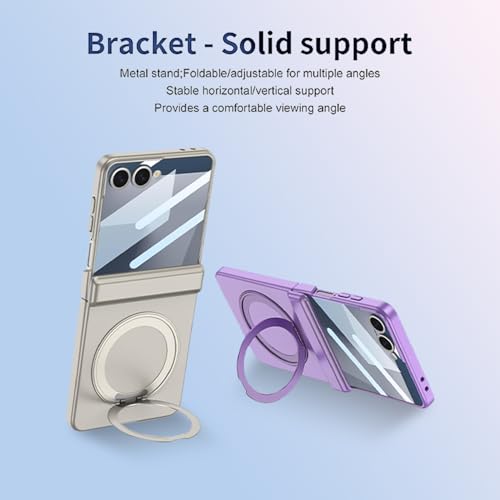 XIMAND for Samsung Galaxy Z Flip 7 Case with 360 Bracket Ring Holder Magnetic Hinge Protection Builtin Front Screen Protector Slim Texture Shockproof CaseTGrey - Image 3