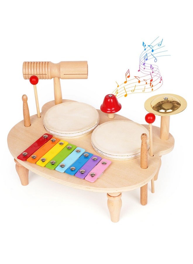 Agirlgle - Kids Drum Set For Toddlers Baby Montessori Music Instruments Toy Wooden Xylophone Music Toy Kit Musical Table Natural Educational Percussion Drumming Xylophone Sensory Toys For Kids - Image 1