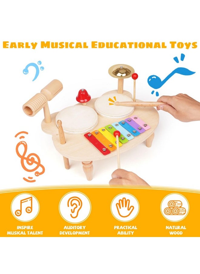 Agirlgle - Kids Drum Set For Toddlers Baby Montessori Music Instruments Toy Wooden Xylophone Music Toy Kit Musical Table Natural Educational Percussion Drumming Xylophone Sensory Toys For Kids - Image 1