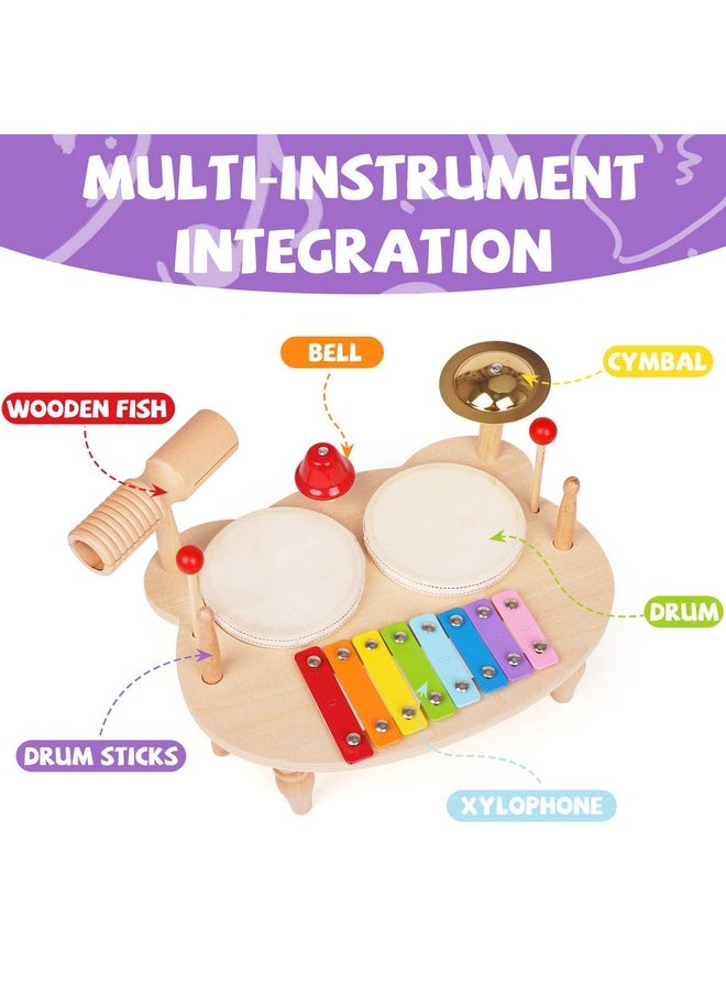 Agirlgle - Kids Drum Set For Toddlers Baby Montessori Music Instruments Toy Wooden Xylophone Music Toy Kit Musical Table Natural Educational Percussion Drumming Xylophone Sensory Toys For Kids - Image 1