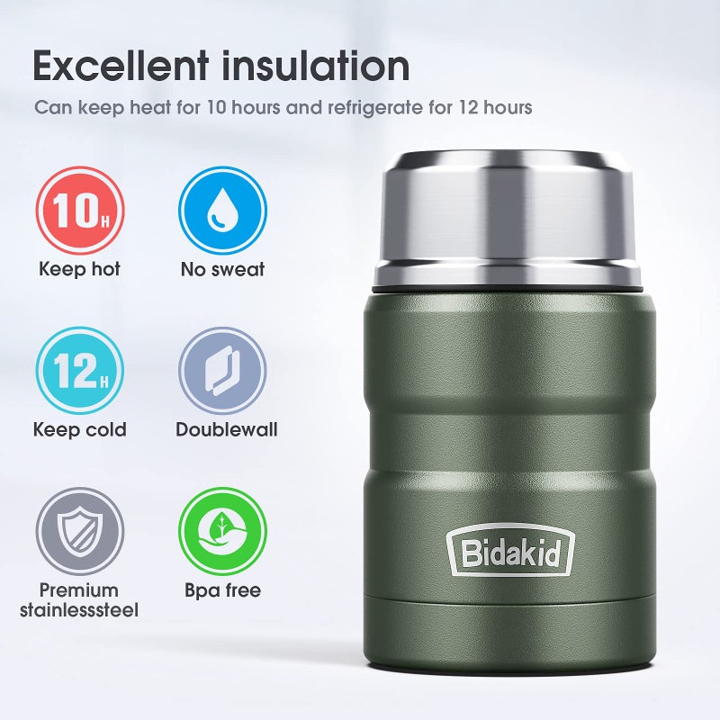 Bidakid Insulated Food Jar Set - 25.4oz & 17oz Stainless Steel Containers with Folding Spoon and Carrying Bags - Leak-Proof  Keeps Food Hot or Cold for up to 12 Hours - Ideal for Work  School  Travel - Image 2