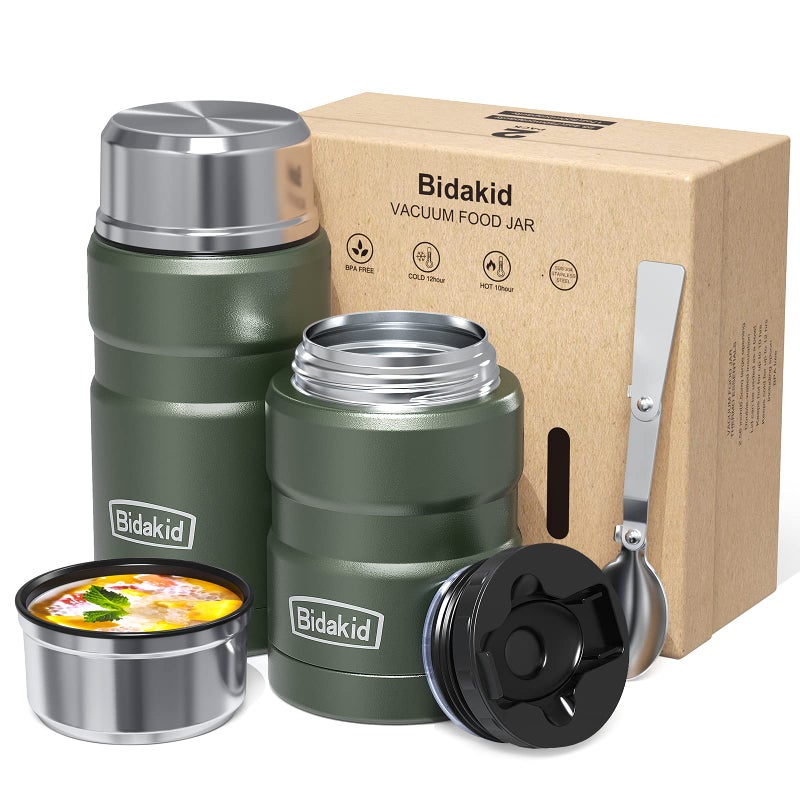 Bidakid Insulated Food Jar Set - 25.4oz & 17oz Stainless Steel Containers with Folding Spoon and Carrying Bags - Leak-Proof  Keeps Food Hot or Cold for up to 12 Hours - Ideal for Work  School  Travel - Image 1