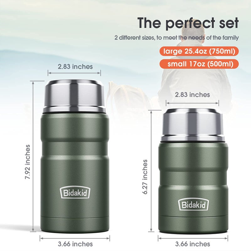 Bidakid Insulated Food Jar Set - 25.4oz & 17oz Stainless Steel Containers with Folding Spoon and Carrying Bags - Leak-Proof  Keeps Food Hot or Cold for up to 12 Hours - Ideal for Work  School  Travel - Image 3