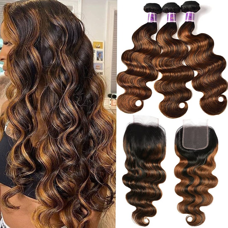 UNICE Brown Highlight Body Wave Human Hair 3 Bundles with 4x4 lace closure Brazilian Remy Hair Ombre Human Hair Wavy Weaves FB30 Color 14 14 1414 Closure