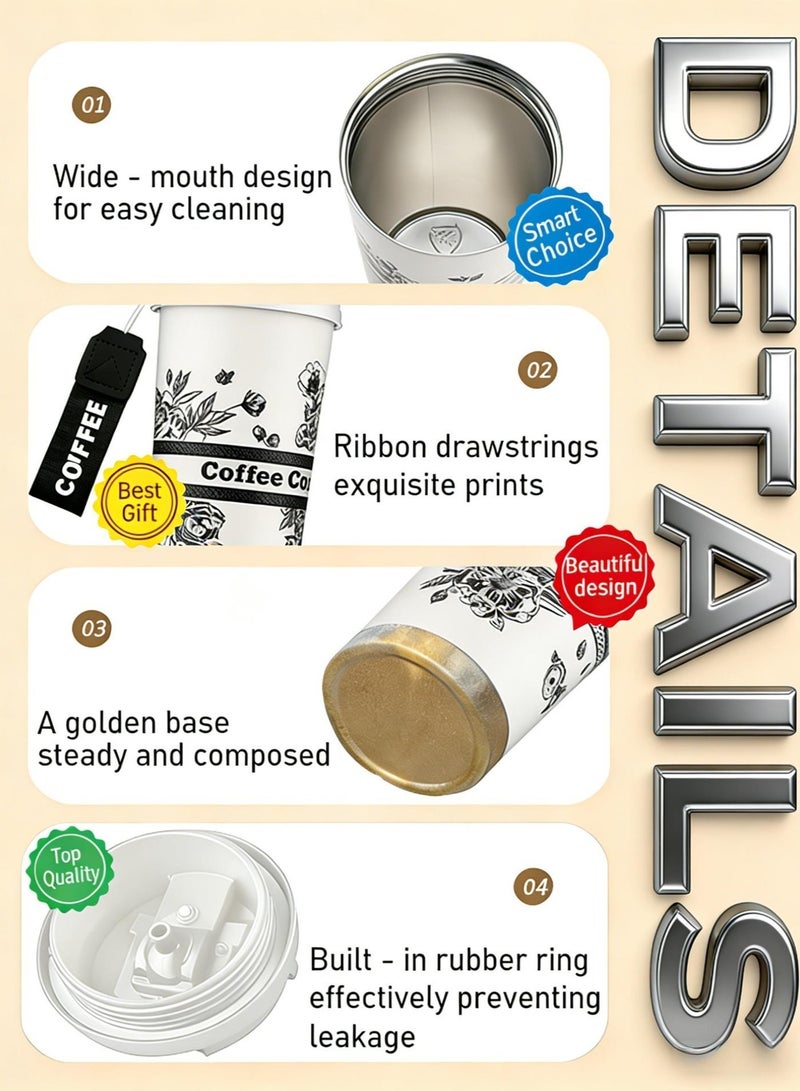 AHAKAC Coffee Mugs with Straw Vacuum Insulated Coffee Cups Tea Cup Travel Mug Leakproof Double Wall Stainless Steel Reusable Coffee Cup with Lid for Hot and Cold Drinks - Image 3