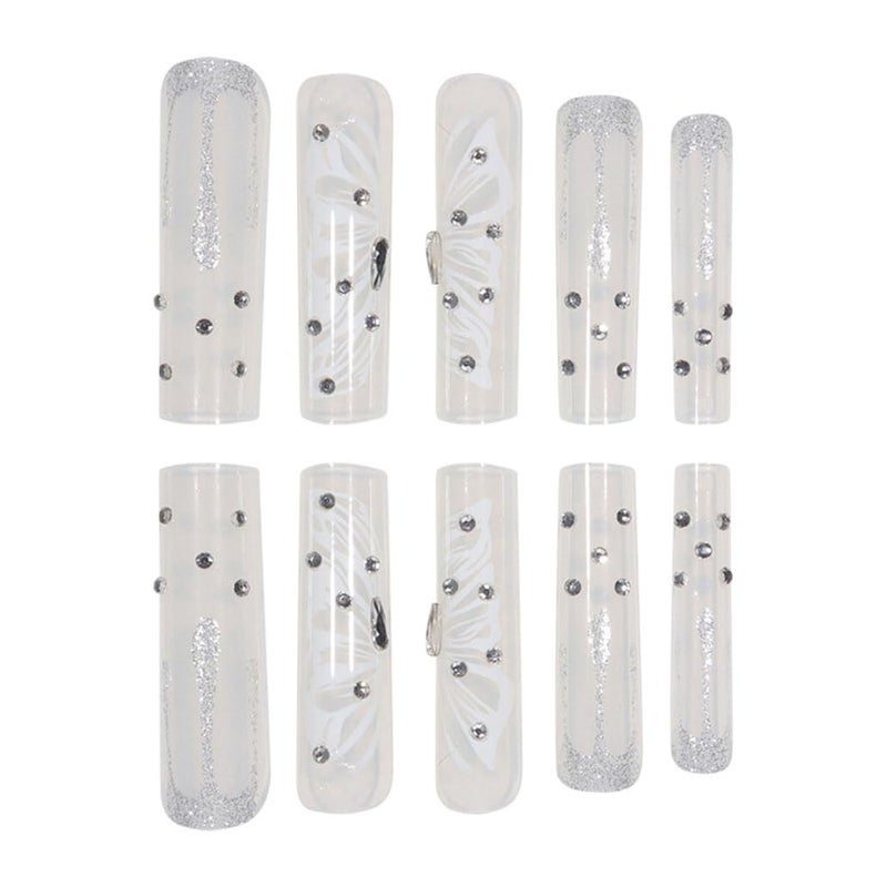 Foccna Press on Nails Super Long Rhinestone White Fake Nails Square Bling Glossy Butterfly False Nail Tips Artificial Nails Finger Manicure for Women and Girls-24pcs - Image 3