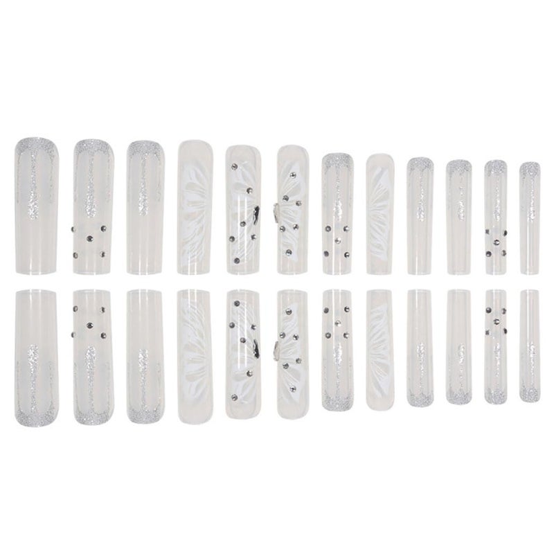 Foccna Press on Nails Super Long Rhinestone White Fake Nails Square Bling Glossy Butterfly False Nail Tips Artificial Nails Finger Manicure for Women and Girls-24pcs - Image 2