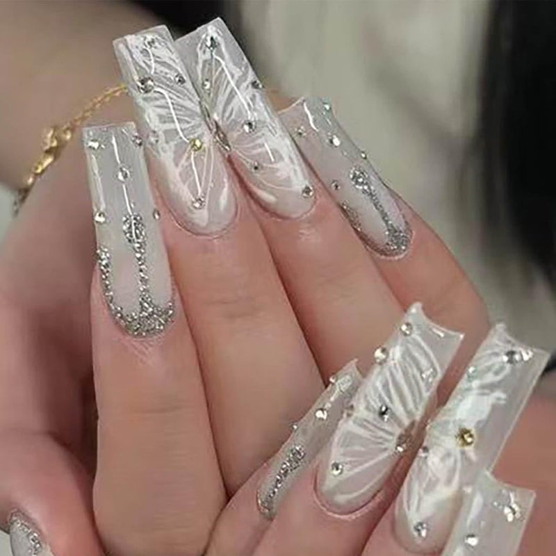 Foccna Press on Nails Super Long Rhinestone White Fake Nails Square Bling Glossy Butterfly False Nail Tips Artificial Nails Finger Manicure for Women and Girls-24pcs - Image 1