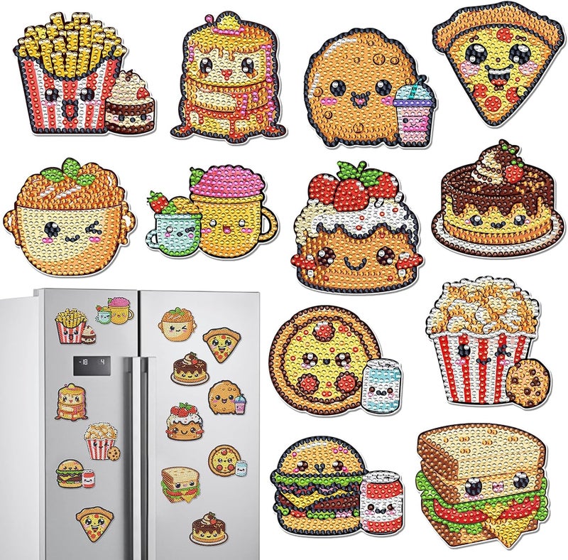 INCOK Refrigerator Diamond Art Magnets - 12 PCS DIY Diamond Painting Fridge Magnets with Cute Hamburg Fries Pizza Popcorn Sandwich Cake Pattern Fast Food Home Decors Birthday Gift for Adults Beginners - Image 1