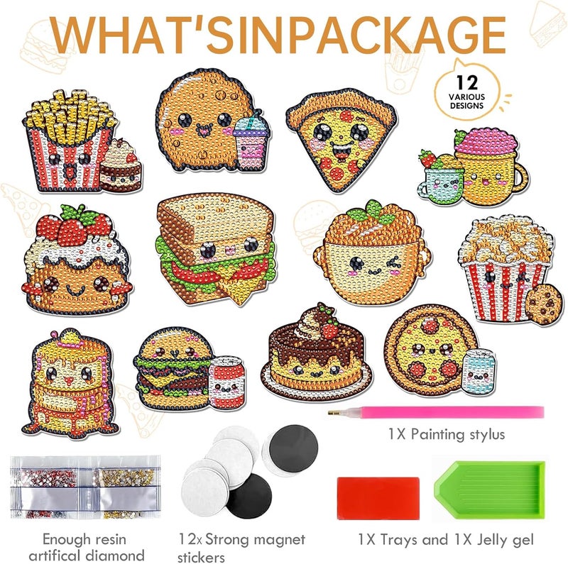 INCOK Refrigerator Diamond Art Magnets - 12 PCS DIY Diamond Painting Fridge Magnets with Cute Hamburg Fries Pizza Popcorn Sandwich Cake Pattern Fast Food Home Decors Birthday Gift for Adults Beginners - Image 4