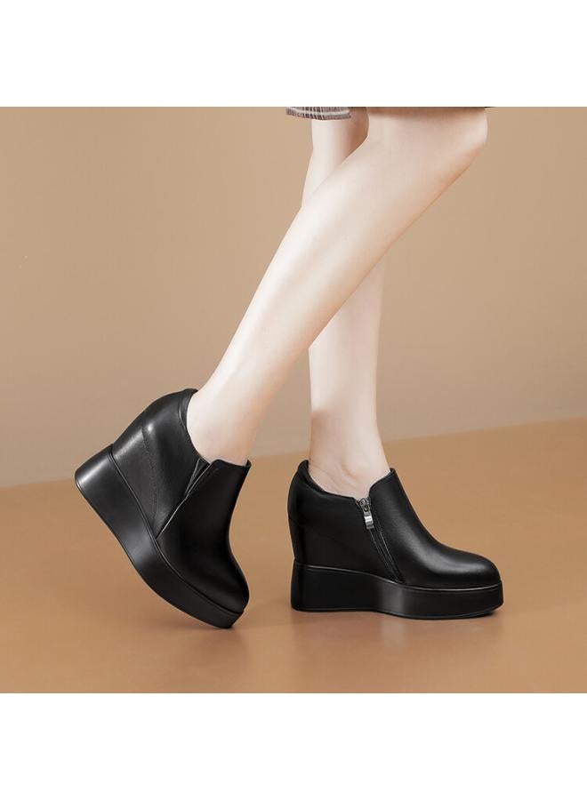 SHAKA Women'S Thick-Soled Height-Increasing Shoes Loafers New Leather Pointed Leather Shoes Side Zipper Small Wedge Shoes - Image 4