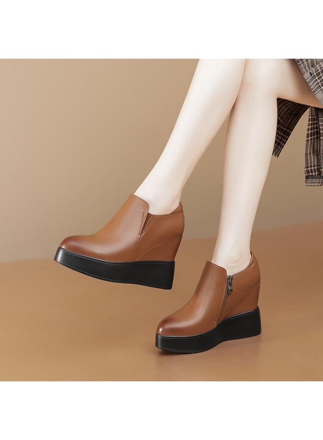 SHAKA Women'S Thick-Soled Height-Increasing Shoes Loafers New Leather Pointed Leather Shoes Side Zipper Small Wedge Shoes - Image 2