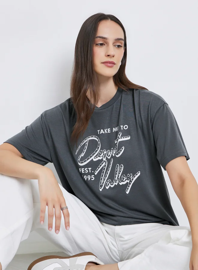 ستايلي Styli Women Charcoal Graphic Print Oversized T-Shirt