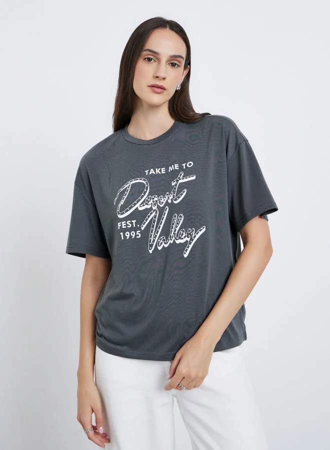 Styli Women Charcoal Graphic Print Oversized T-Shirt