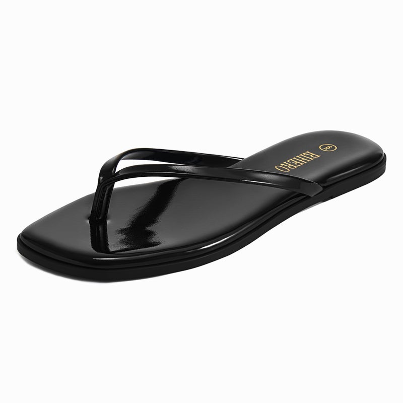 Rihero Womens Flip Flops Wide Width Beach Sandals Dressy Summer Comfortable Slip On Black Patent Leather Sandals Size 8 - Image 1