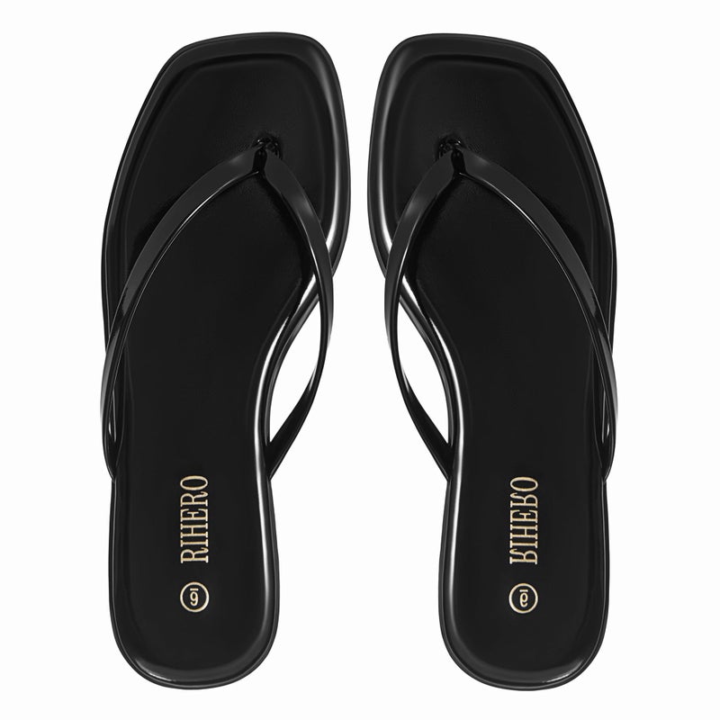 Rihero Womens Flip Flops Wide Width Beach Sandals Dressy Summer Comfortable Slip On Black Patent Leather Sandals Size 8 - Image 5