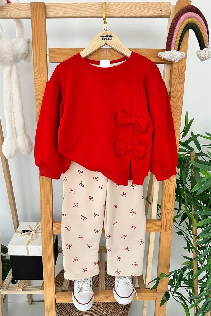 Miniğimin Cicileri My Little Ones Bow Patterned Girl 2 Piece Set - Red