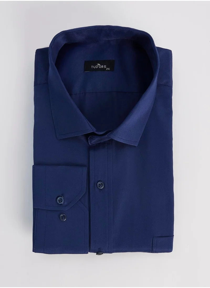 Tudors Men's Big Size Plus Size Cotton Single Pocket Satin Navy Blue Shirt