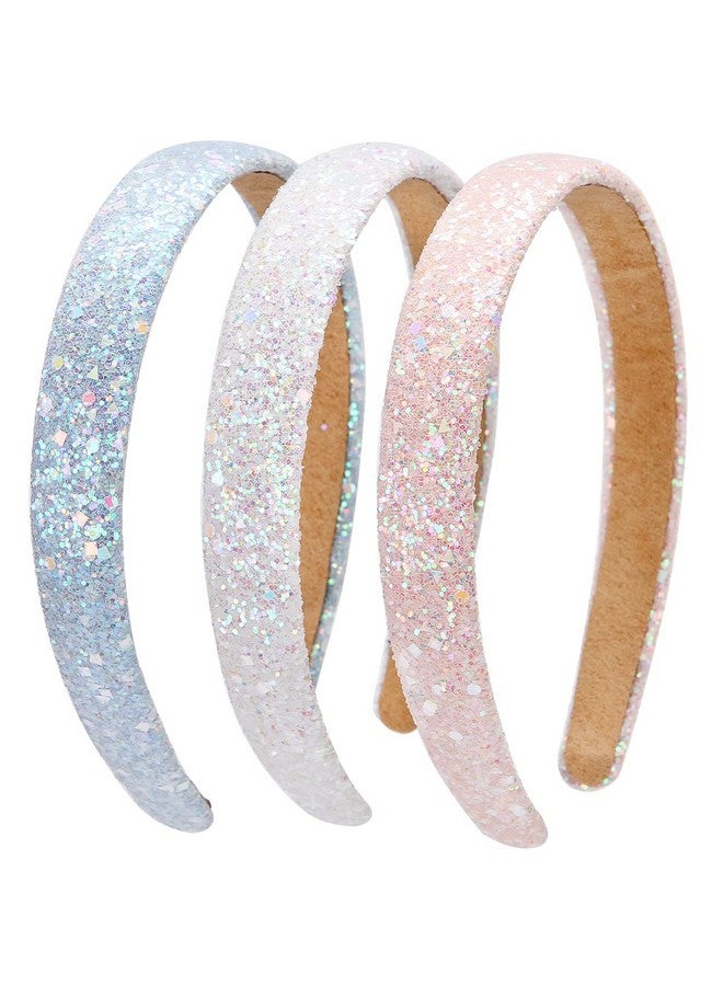LONEEDY 3 Pack Glitter Sequins Sparkly Hard Headbands For Kids Wide Padded Hair Bands Fashion Cute Daily Accessories For Girls And Women (Pink + Sky Blue + White) - Image 1