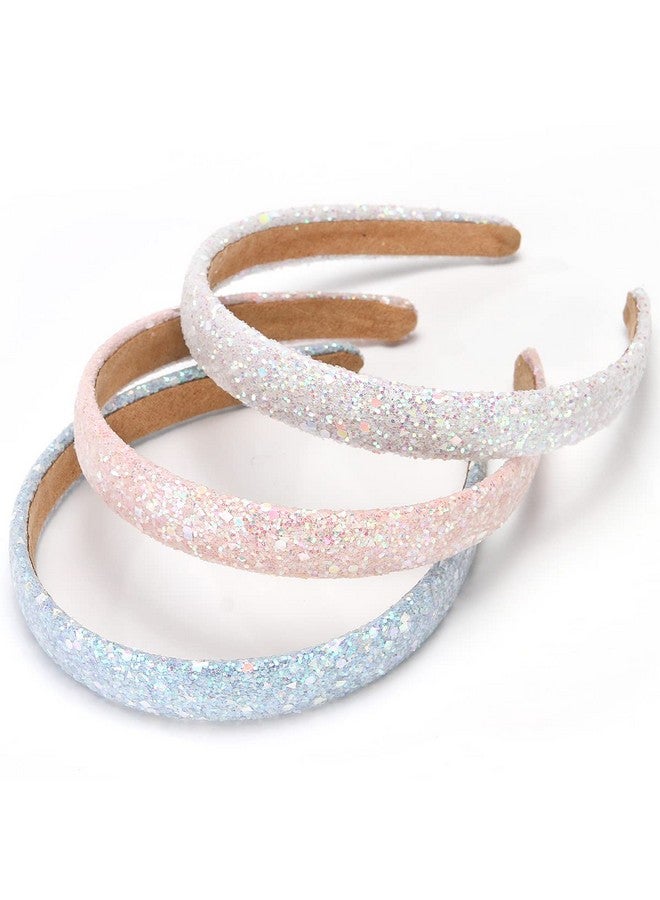 LONEEDY 3 Pack Glitter Sequins Sparkly Hard Headbands For Kids Wide Padded Hair Bands Fashion Cute Daily Accessories For Girls And Women (Pink + Sky Blue + White) - Image 3