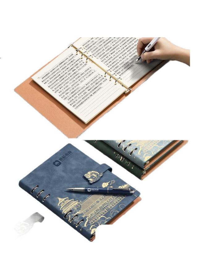 Ujia A5 Loose-Leaf Notebook, Chinese Style Hollow-Out Design, High-Quality Palace-Style Cultural And Creative Vintage Leather Notebook, Stationery For Business Meetings, Customizable For Enterprises, Blue - Image 3