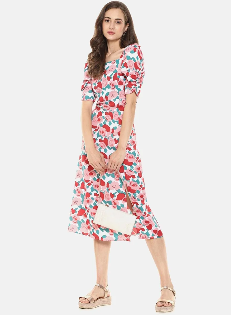 PINACOLADA Women's Printed Multicolour Short Sleeve Midi Length Regular Fit Dress For Casual Wear | Square Neck Dress Crafted With Comfort Fit And High Performance For Everyday Wear
