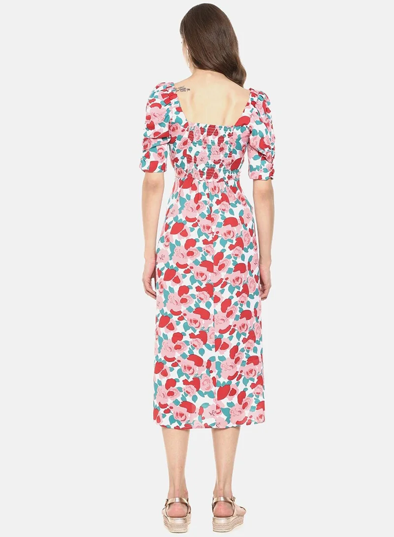 PINACOLADA Women's Printed Multicolour Short Sleeve Midi Length Regular Fit Dress For Casual Wear | Square Neck Dress Crafted With Comfort Fit And High Performance For Everyday Wear