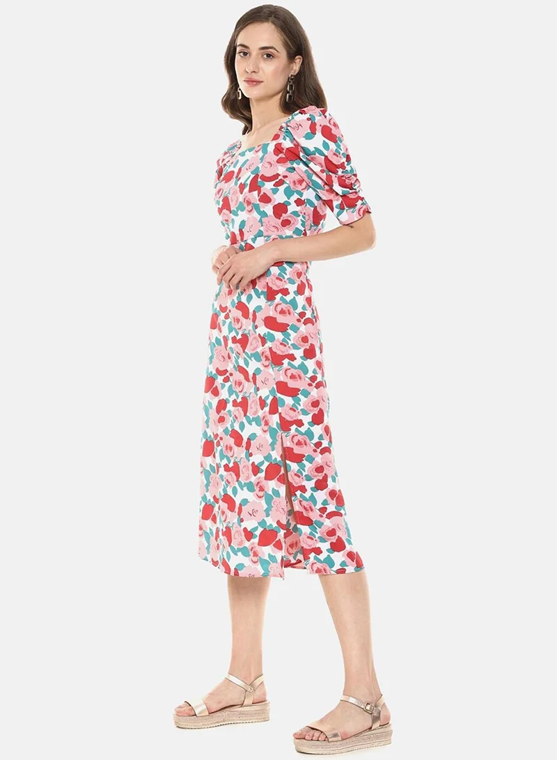 PINACOLADA Women's Printed Multicolour Short Sleeve Midi Length Regular Fit Dress For Casual Wear | Square Neck Dress Crafted With Comfort Fit And High Performance For Everyday Wear