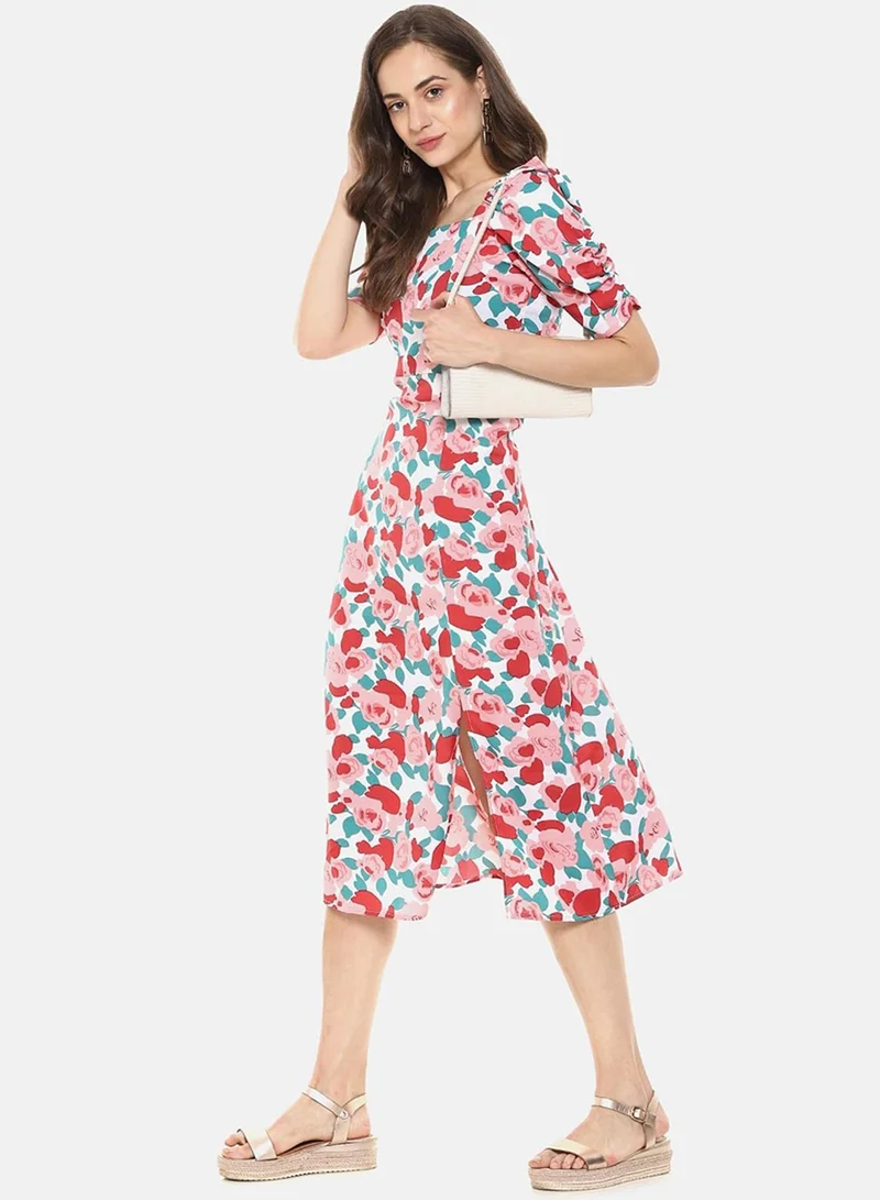 PINACOLADA Women's Printed Multicolour Short Sleeve Midi Length Regular Fit Dress For Casual Wear | Square Neck Dress Crafted With Comfort Fit And High Performance For Everyday Wear