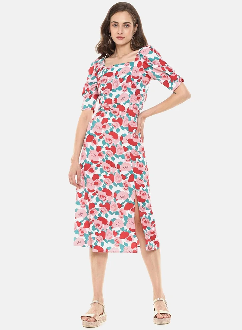 PINACOLADA Women's Printed Multicolour Short Sleeve Midi Length Regular Fit Dress For Casual Wear | Square Neck Dress Crafted With Comfort Fit And High Performance For Everyday Wear