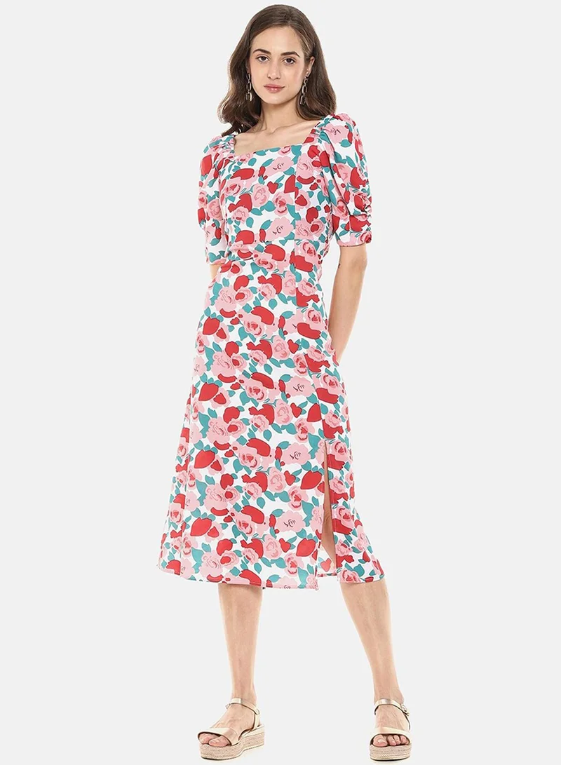 PINACOLADA Women's Printed Multicolour Short Sleeve Midi Length Regular Fit Dress For Casual Wear | Square Neck Dress Crafted With Comfort Fit And High Performance For Everyday Wear