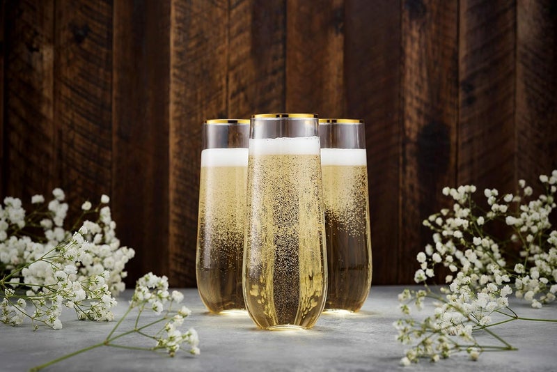 Munfix 48 Pack Stemless Plastic Champagne Flutes Disposable 9 Oz Gold Rim Clear Plastic Toasting Glasses Shatterproof Recyclable and BPA-Free - Image 2