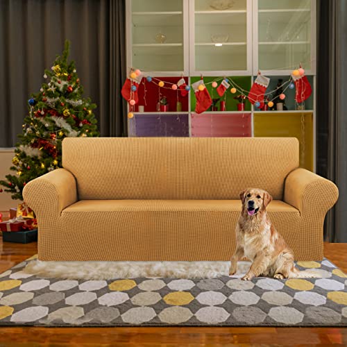 KEKUOU Stretch Sofa Cover Slipcover ，Couch Covers for 3 Cushion Couch Sofa pet Friendly (78"-94") Furniture Protector Sofa with Elastic Bottom for Kids,Dog, Jacquard Small Checked(Large,Golden) - Image 2