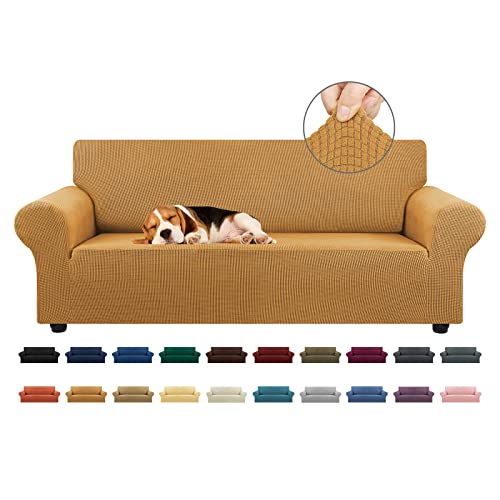 KEKUOU Stretch Sofa Cover Slipcover ，Couch Covers for 3 Cushion Couch Sofa pet Friendly (78"-94") Furniture Protector Sofa with Elastic Bottom for Kids,Dog, Jacquard Small Checked(Large,Golden) - Image 1