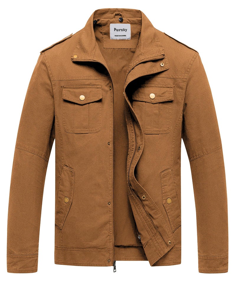 Pursky Men's Cargo Canvas Style Jacket Trend Personality Street Fashion Military Jackets Windbreaker Brown S - Image 1
