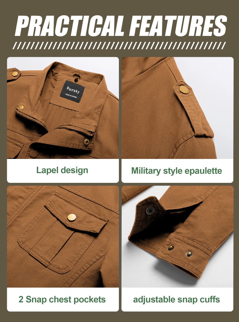 Pursky Men's Cargo Canvas Style Jacket Trend Personality Street Fashion Military Jackets Windbreaker Brown S - Image 5