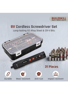 BUILDSKILL BUILDSKILL 8V cordless screwdriver set 31 pieces S2 CRV magnetic bits chuck forward reverse function 1600mAH battery USB C type charging cable ideal for DIY professional use  - Image 4