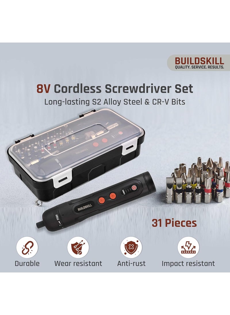 BUILDSKILL - BUILDSKILL 8V cordless screwdriver set 31 pieces S2 CRV magnetic bits chuck forward reverse function 1600mAH battery USB C type charging cable ideal for DIY professional use - Image 1