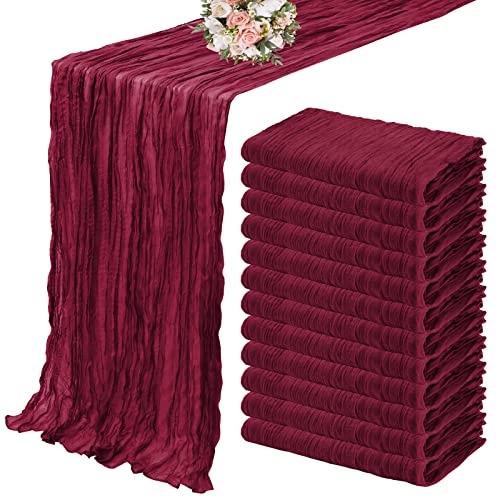 12 Pack Cheesecloth Table Runner 35 x 120 inch Long Boho Cheese Cloth Gauze Table Runners Semi Sheer Table Runner for Wedding Decor Bridal Shower Birthday Party Burgundy