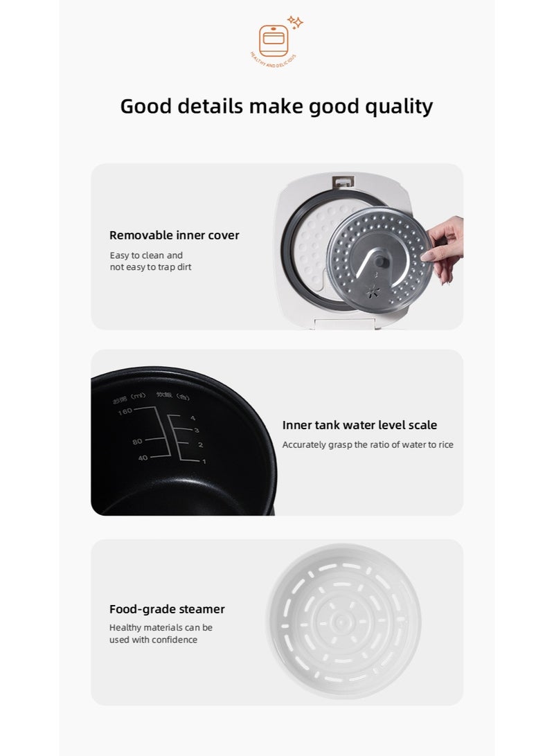 AiQi Smart Rice Cooker 2L 400W | 10 Preset Menus, Double - Sprayed Aluminum Inner Pot (No Chemical Coating, Non - Stick) & Removable Inner Lid, 7 - Stage Temperature Control, 24H Timer, Steam & Cook Simultaneously, Front Touch Color Screen, Two - Tone Design, Multicooker for 1 - 2 People (Rice, Soup, Porridge, Low - Sugar Rice, Cake, Steamed Dishes) - Image 2