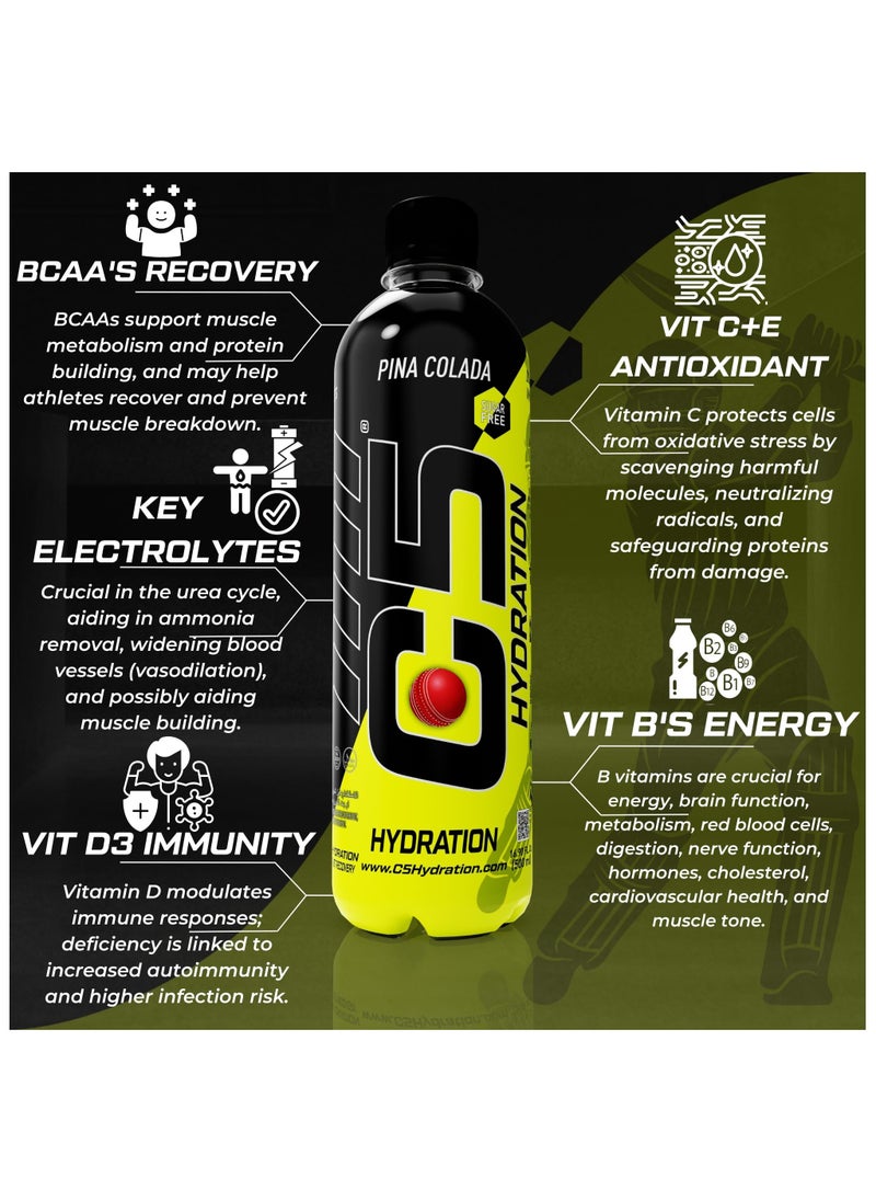 C5 - C5 HYDRATION Pina Colada Electrolytes & Vitamin Water- Zero Sugar, 20 Calorie BCAA for Recovery -VIT B ENERGY, VIT C & E ANTIOXIDANT, VIT D3 for IMMUNITY - Refreshing Ramadan Drink Pack of 12 - Image 1