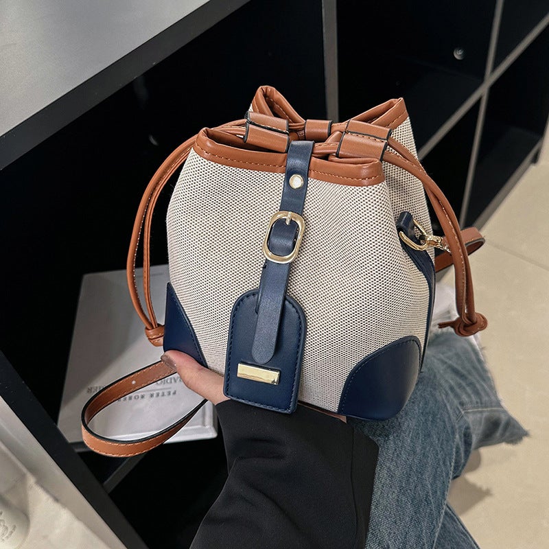 Color-Blocked Bucket Bag For Women, New Canvas Women'S Bag, Niche Design, Trendy, Fashionable, Simple Shoulder Crossbody Bag - Image 2