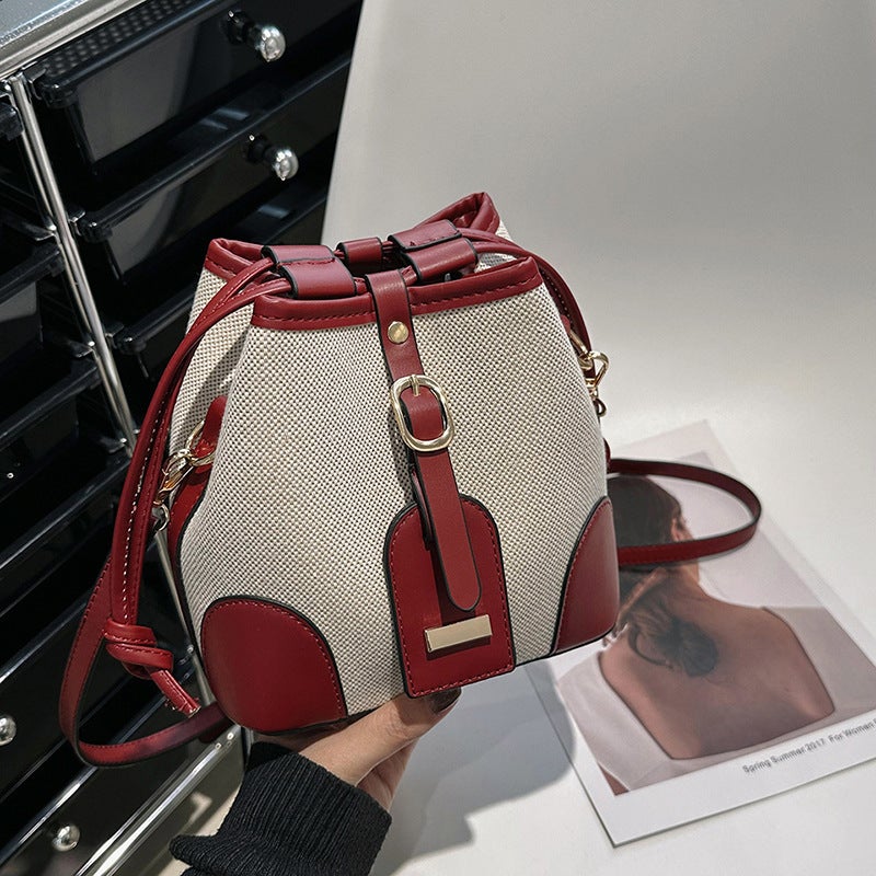 Color-Blocked Bucket Bag For Women, New Canvas Women'S Bag, Niche Design, Trendy, Fashionable, Simple Shoulder Crossbody Bag - Image 3